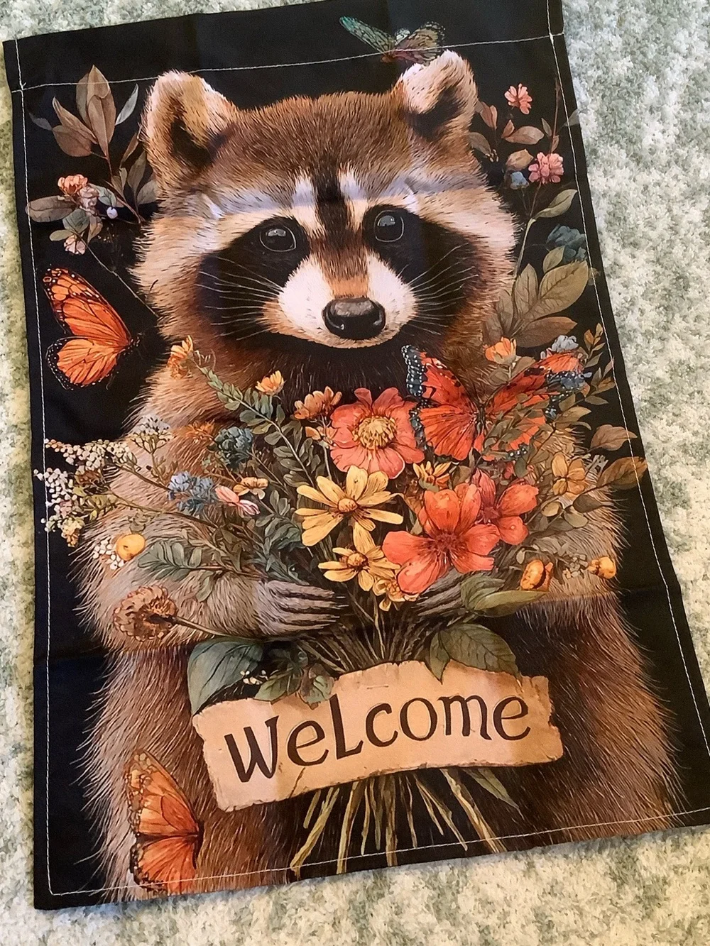 Welcome Raccoon Floral Small Fabric Garden Flag NWT 11.75” x 17.50”